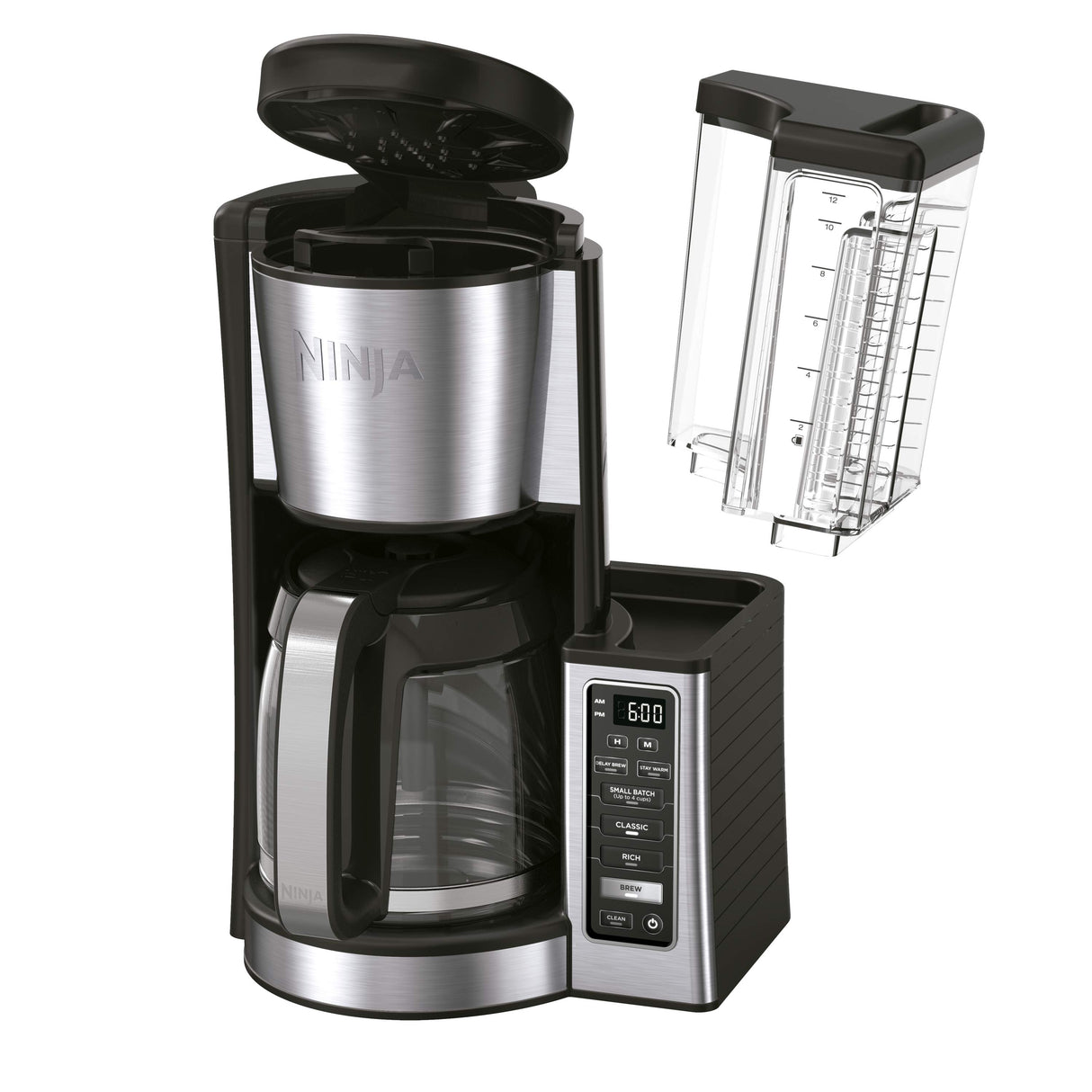 Imagen de la cafetera Ninja con jarra de vidrio para 12 tazas, que permite preparar café estilo Clásico o Rico con intensidad ajustable. Incluye función de lote pequeño (1-4 tazas) y programación de 24 horas para disfrutar café recién hecho a cualquier hora.