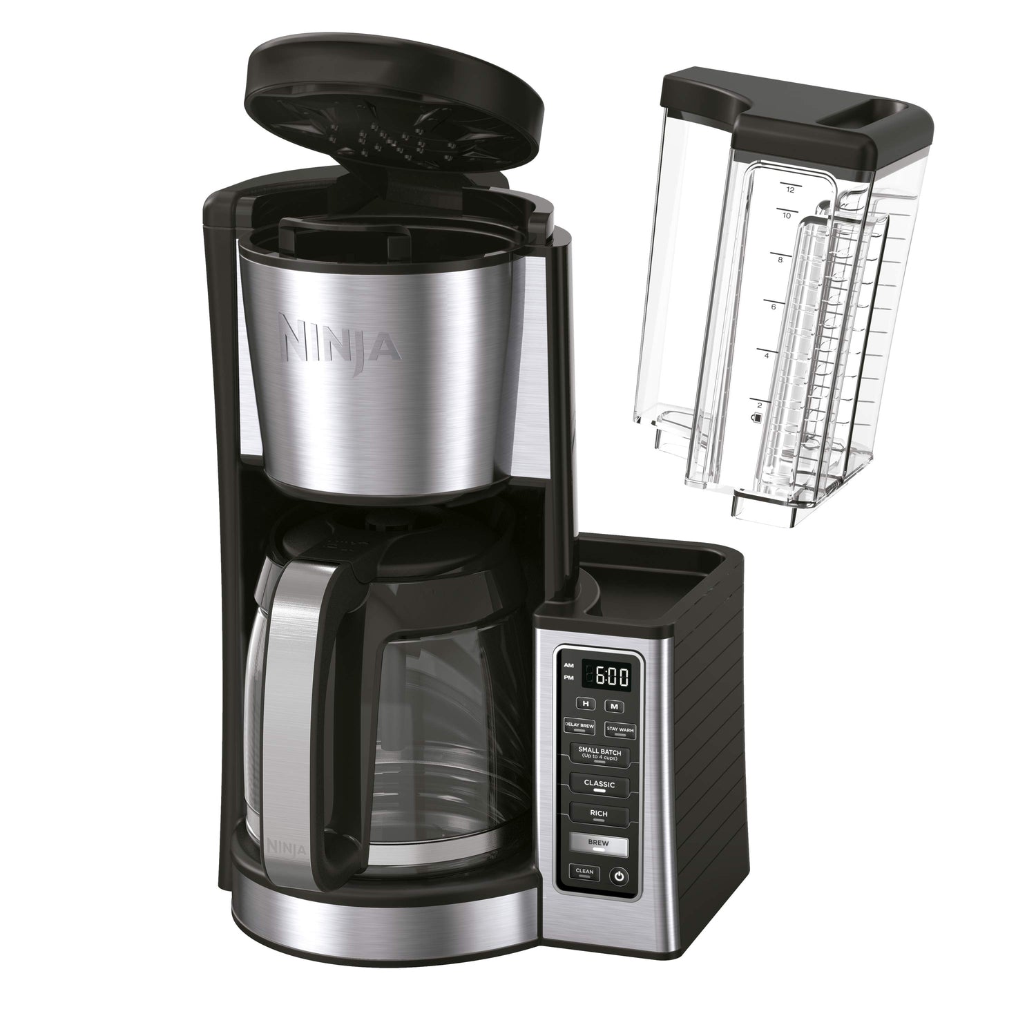 Imagen de la cafetera Ninja con jarra de vidrio para 12 tazas, que permite preparar café estilo Clásico o Rico con intensidad ajustable. Incluye función de lote pequeño (1-4 tazas) y programación de 24 horas para disfrutar café recién hecho a cualquier hora.