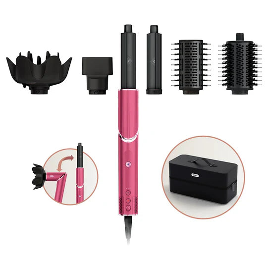 Imagen del Set de Regalo Shark FlexStyle® Malibu Pink, que permite transformar un secador potente en un moldeador versátil con un solo giro. Incluye accesorios para rizar, alisar, dar volumen y secar, siendo ligero, potente y seguro para un peinado rápido y sin daños.