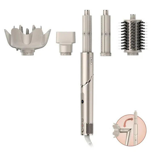 Imagen del sistema Shark FlexStyle® HD435, que permite transformar la secadora de cabello en un multiestilizador con un solo giro. Incluye accesorios para rizar, alisar, dar volumen y secar, siendo ligero, potente y seguro contra daños por calor extremo.